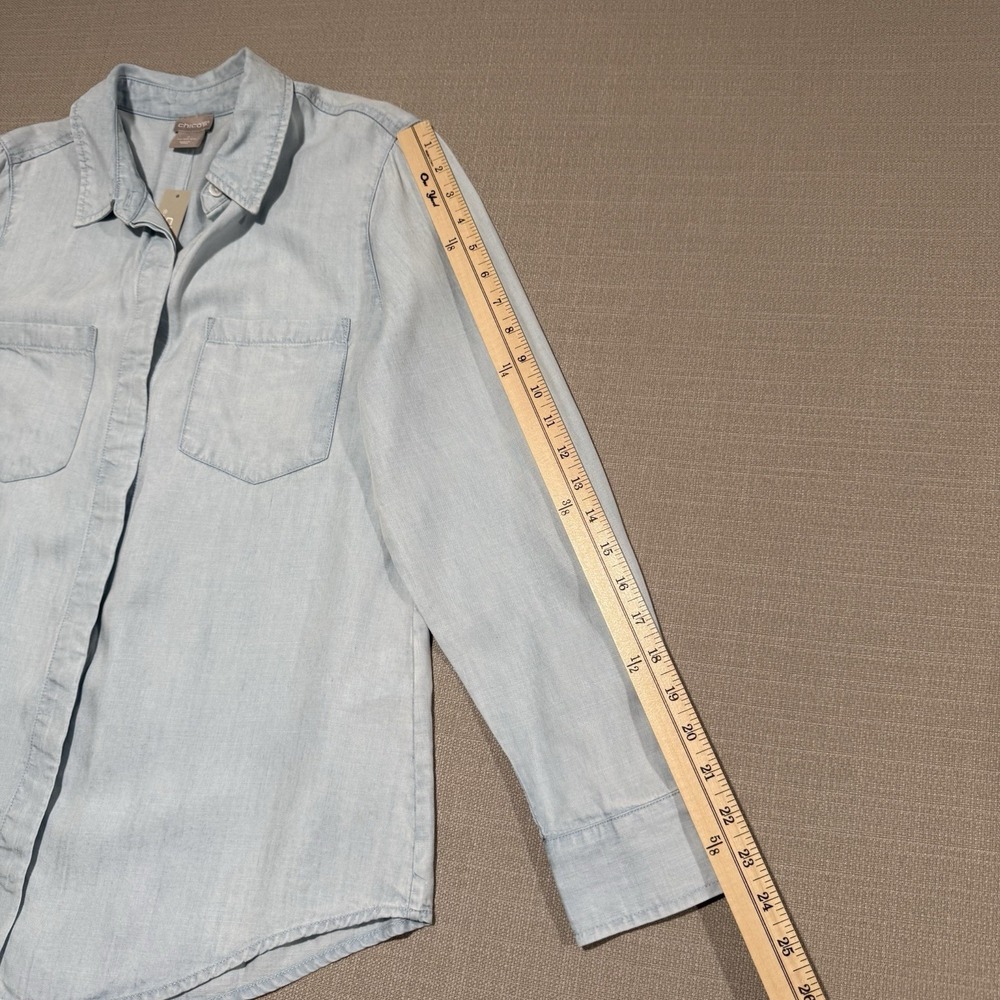 Chico's Classic Button Up Chambray Denim Shirt Womens Size 1 Petite Minimalist - Picture 6 of 7
